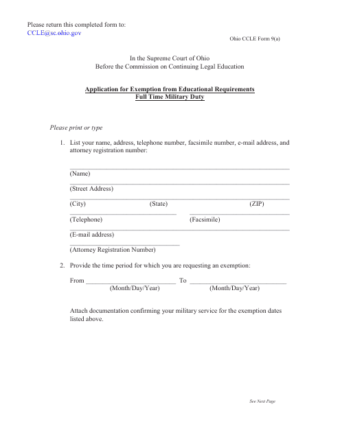 CCLE Form 9(A) Application for Exemption From Educational Requirements Full Time Military Duty - Ohio