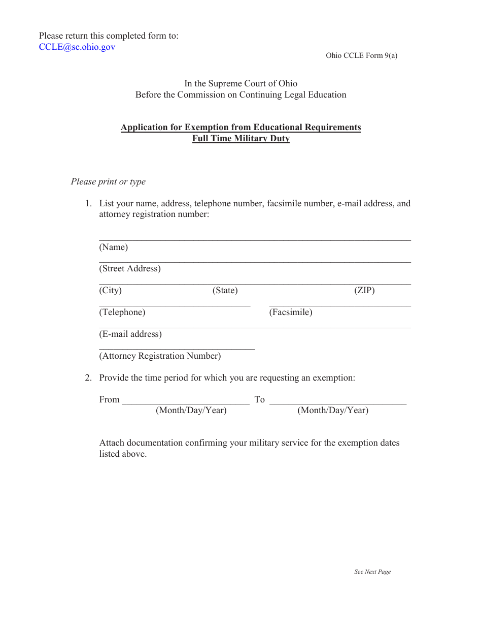 CCLE Form 9(A) Application for Exemption From Educational Requirements Full Time Military Duty - Ohio, Page 1