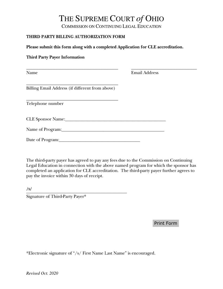 Third Party Billing Authorization Form - Ohio, Page 1