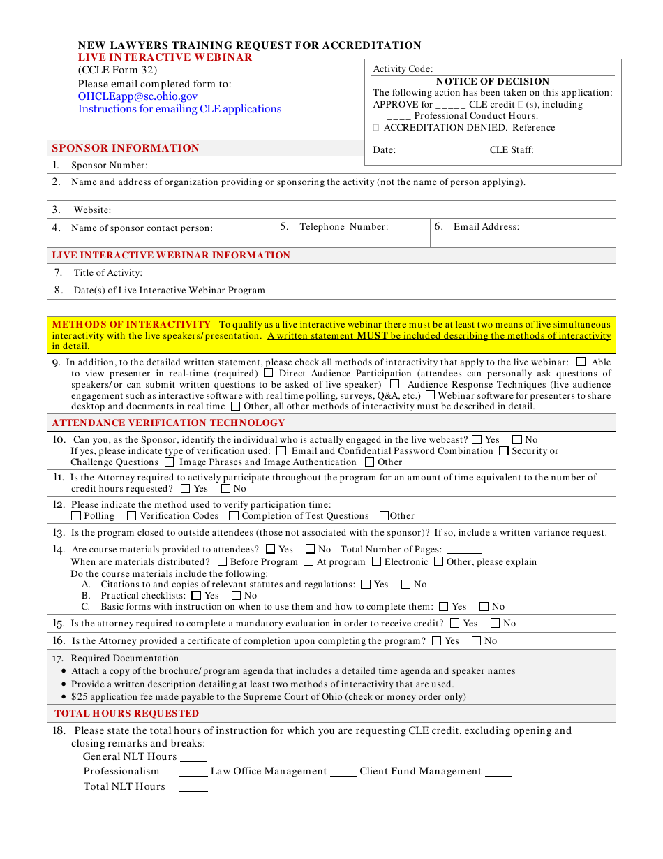 CCLE Form 32 New Lawyers Training Request for Accreditation Live Interactive Webinar - Ohio, Page 1