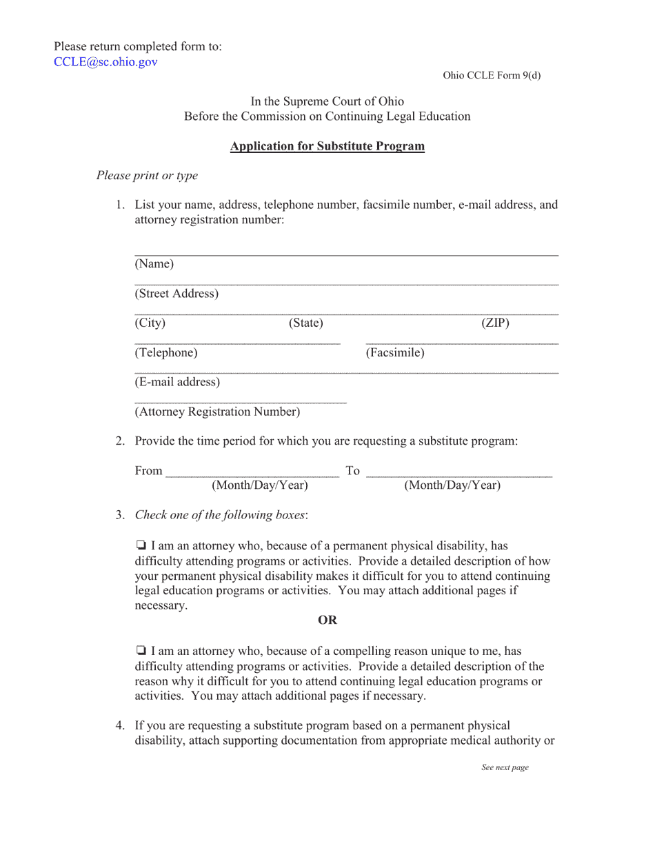 CCLE Form 9(D) Application for Substitute Program - Ohio, Page 1