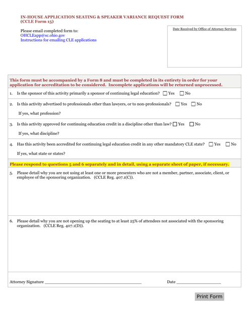 CCLE Form 15 In-house Application Seating & Speaker Variance Request Form - Ohio
