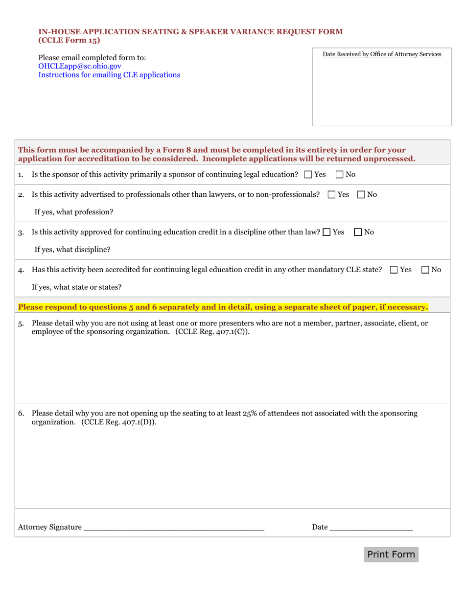 CCLE Form 15 In-house Application Seating  Speaker Variance Request Form - Ohio, Page 1