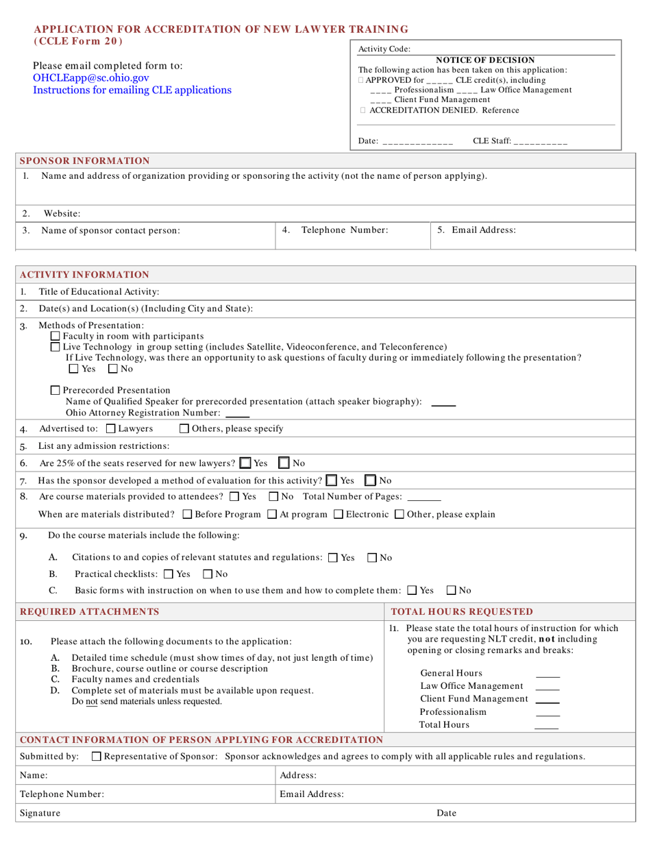 CCLE Form 20 Application for Accreditation of New Lawyer Training - Ohio, Page 1