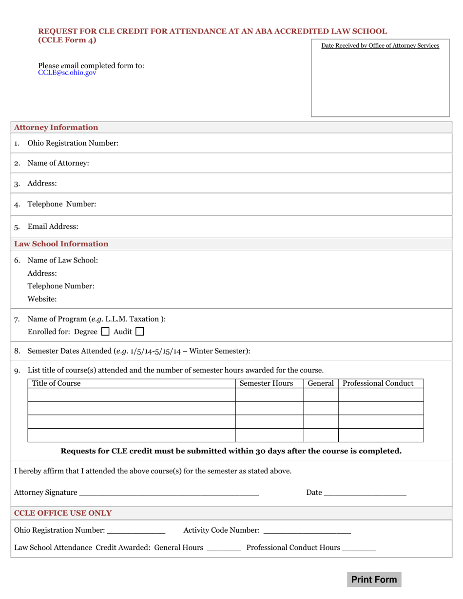 CCLE Form 4 Request for Cle Credit for Attendance at an Aba Accredited Law School - Ohio, Page 1