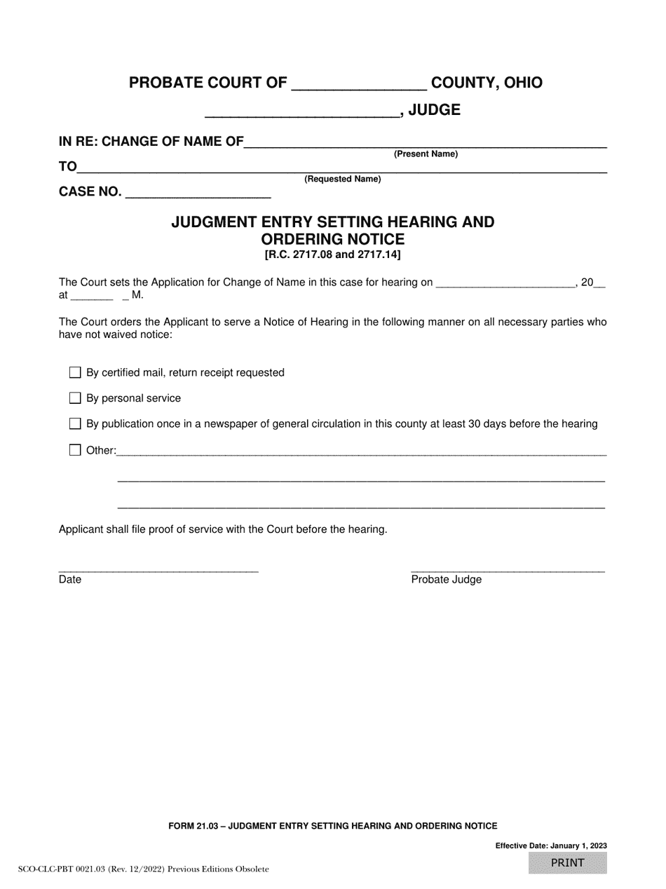 Form 21.03 (SCO-CLC-PBT0021.03) Judgment Entry Setting Hearing and Ordering Notice - Ohio, Page 1