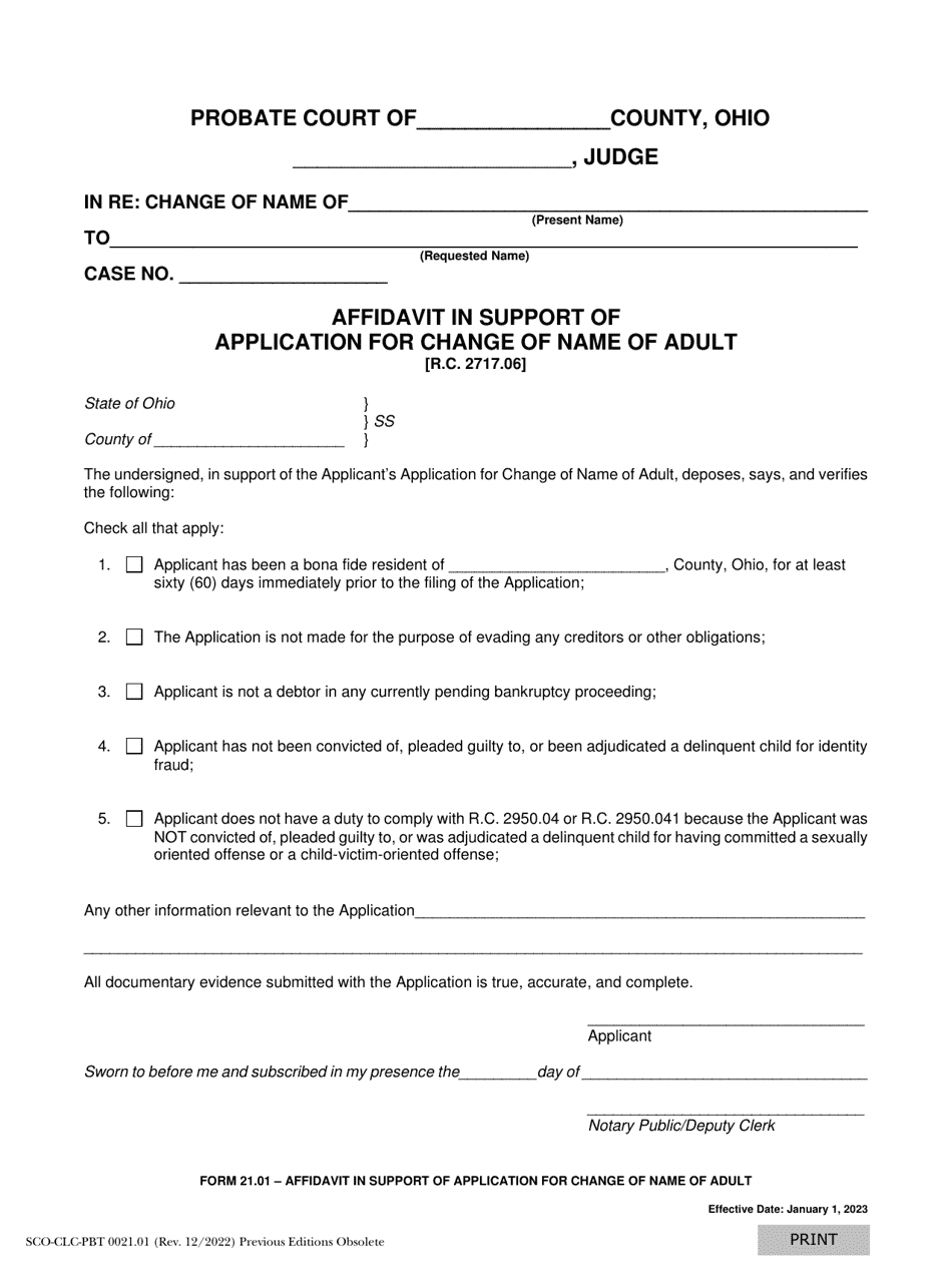 Form 21.01 (SCO-CLC-PBT0021.01) Affidavit in Support of Application for Change of Name of Adult - Ohio, Page 1