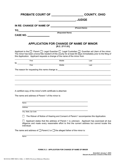 Form 21.2 (SCO-CLC-PBT0021.2) Application for Change of Name of Minor - Ohio