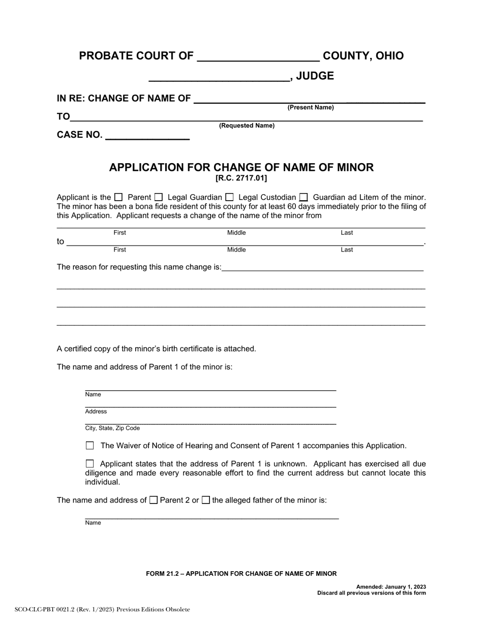 Form 21.2 (SCO-CLC-PBT0021.2) Application for Change of Name of Minor - Ohio, Page 1