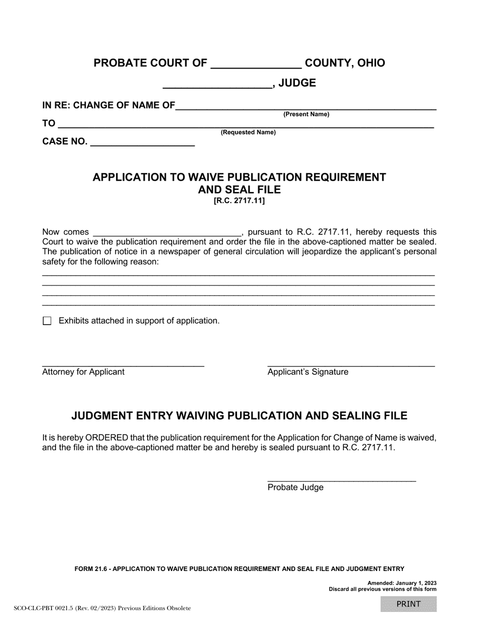 Form 21.6 (SCO-CLC-PBT0021.5) Application to Waive Publication Requirement and Seal File - Ohio, Page 1