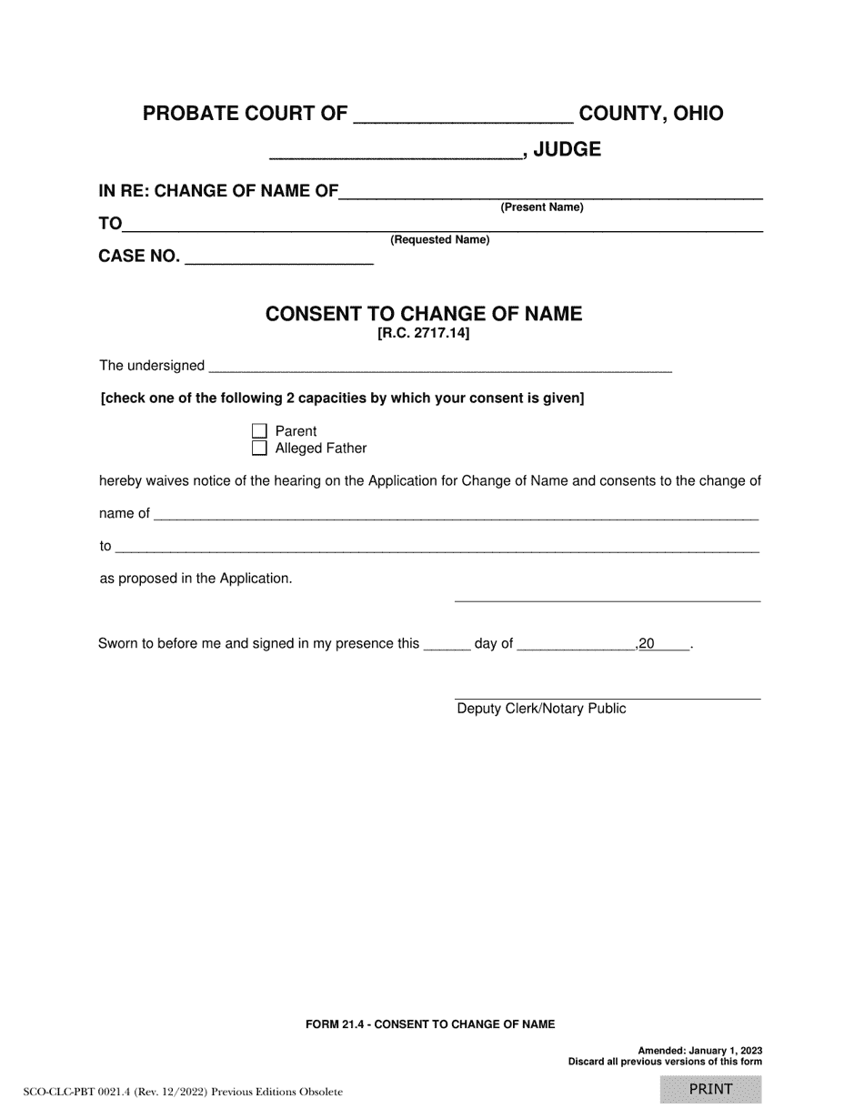 Form 21.4 (SCO-CLC-PBT0021.4) Consent to Change of Name - Ohio, Page 1
