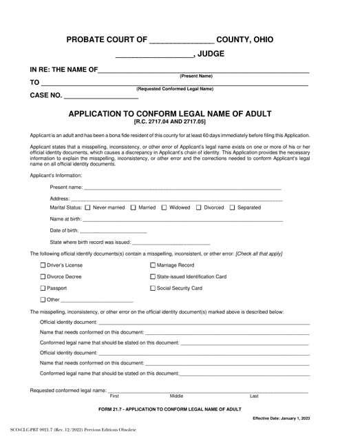 Form 21.7 (SCO-CLC-PBT0021.7) Application to Conform Legal Name of Adult - Ohio