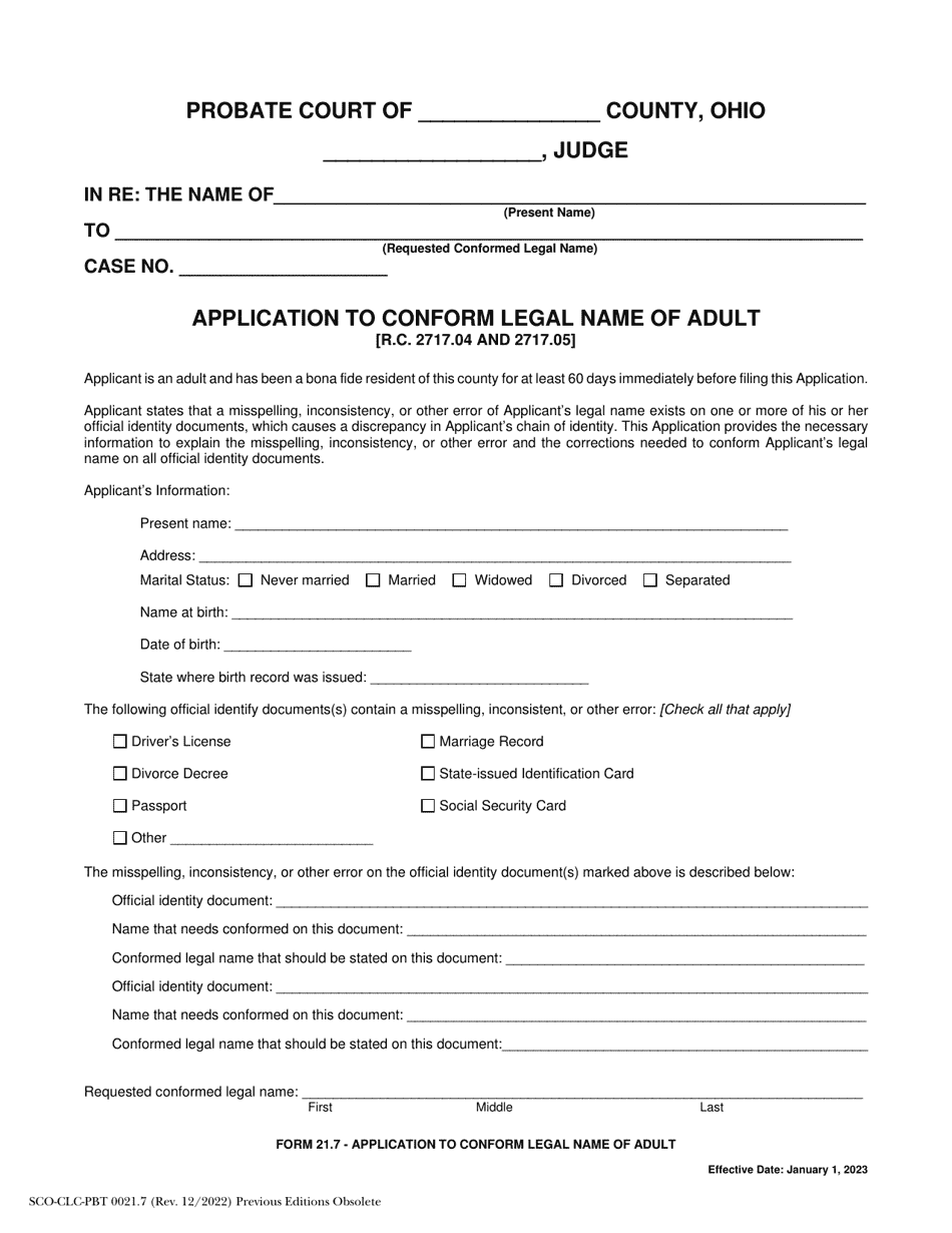 Form 21.7 (SCO-CLC-PBT0021.7) Application to Conform Legal Name of Adult - Ohio, Page 1
