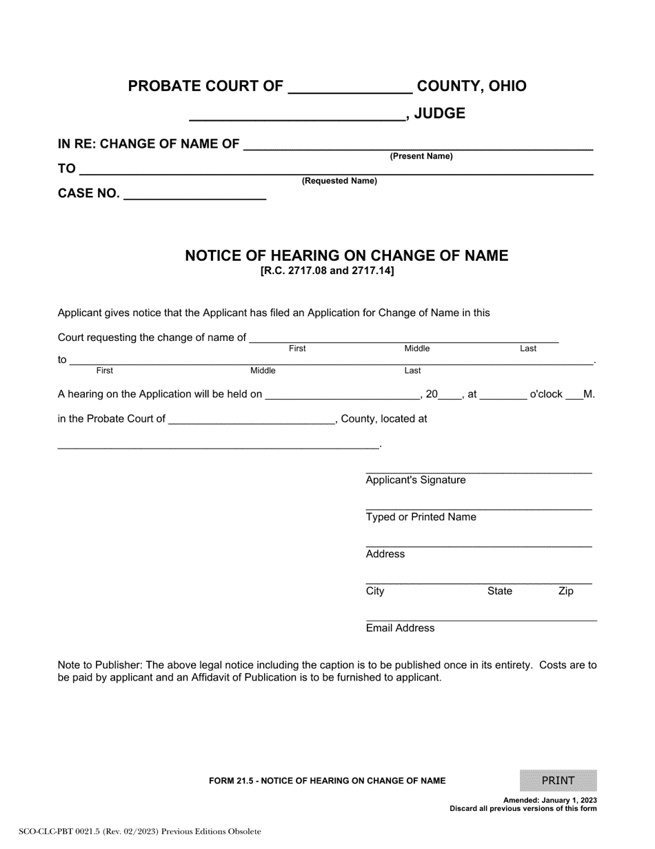 Form 21.5 (SCO-CLC-PBT0021.5) Notice of Hearing on Change of Name - Ohio, Page 1