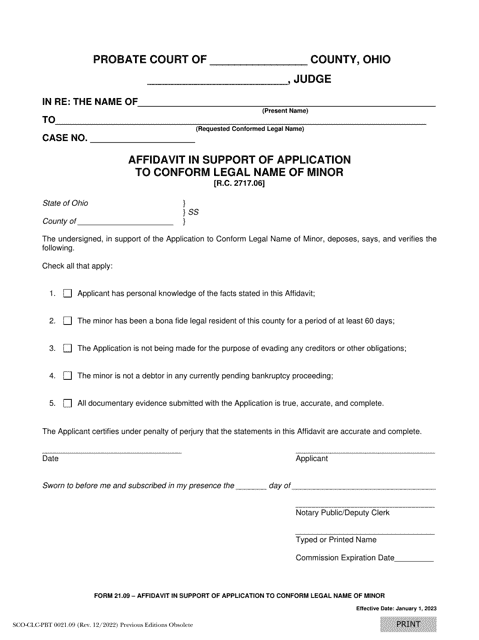 Form 21.09 (SCO-CLC-PBT0021.09) Affidavit in Support of Application to Conform Legal Name of Minor - Ohio