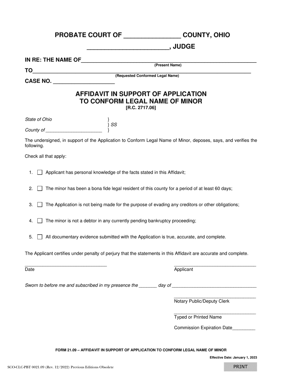 Form 21.09 (SCO-CLC-PBT0021.09) Affidavit in Support of Application to Conform Legal Name of Minor - Ohio, Page 1