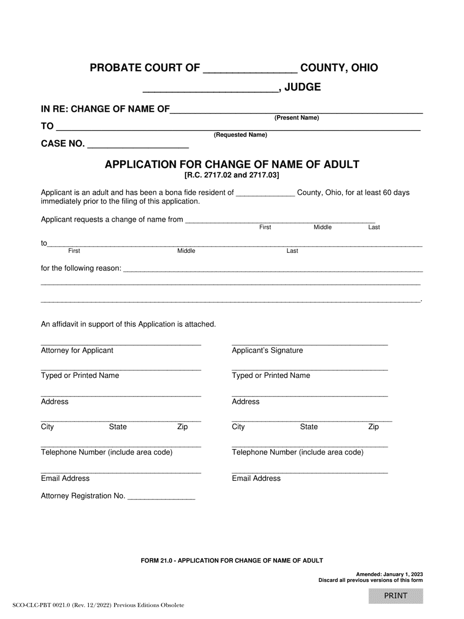 Form 21.0 (SCO-CLC-PBT0021.0) Application for Change of Name of Adult - Ohio, Page 1