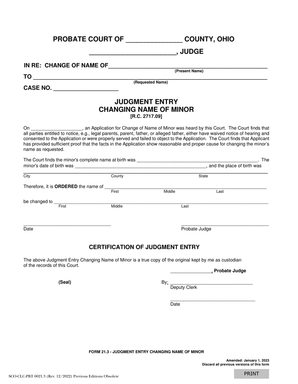 Form 21.3 (SCO-CLC-PBT0021.3) Judgment Entry Changing Name of Minor - Ohio, Page 1