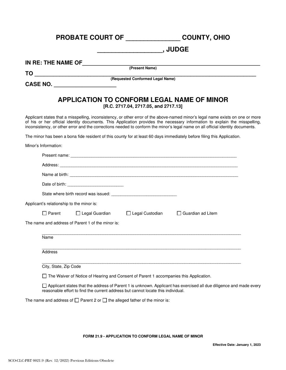 Form 21.9 (SCO-CLC-PBT0021.9) Application to Conform Legal Name of Minor - Ohio, Page 1
