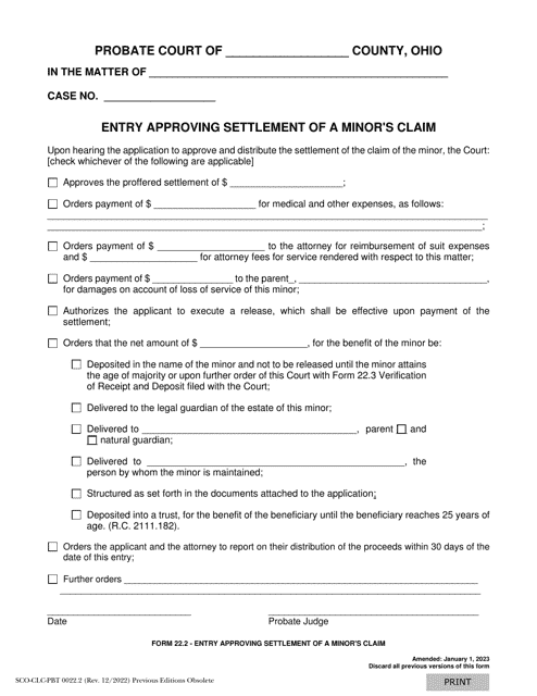 Form 22.2 (SCO-CLC-PBT0022.2) Entry Approving Settlement of a Minor's Claim - Ohio