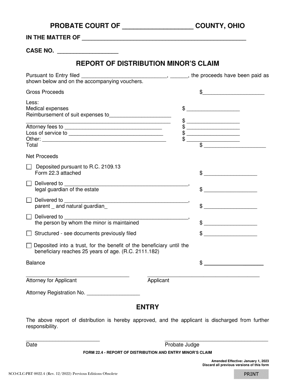 Form 22.4 (SCO-CLC-PBT0022.4) Report of Distribution Minors Claim - Ohio, Page 1