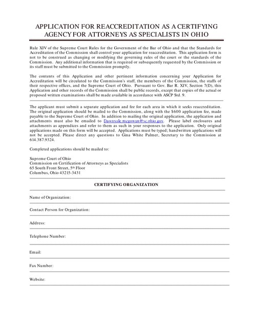 Application for Reaccreditation as a Certifying Agency for Attorneys as Specialists in Ohio - Ohio Download Pdf