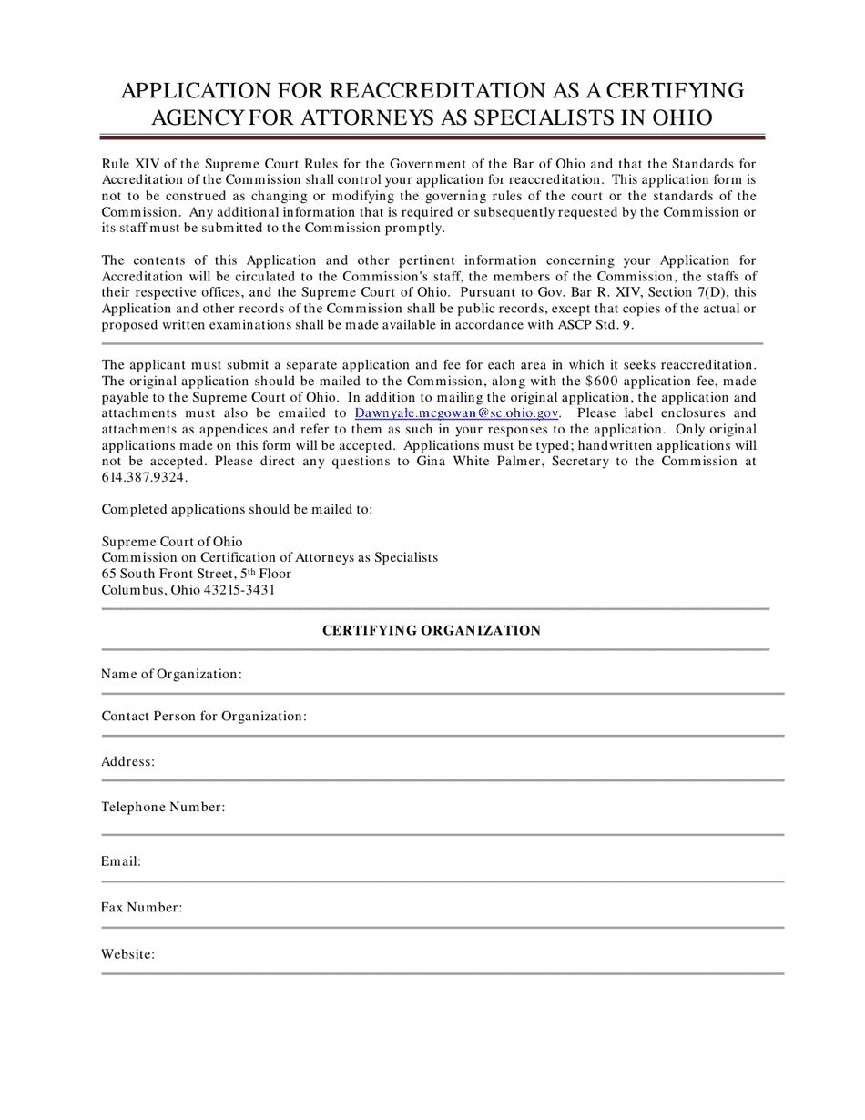 Application for Reaccreditation as a Certifying Agency for Attorneys as Specialists in Ohio - Ohio, Page 1