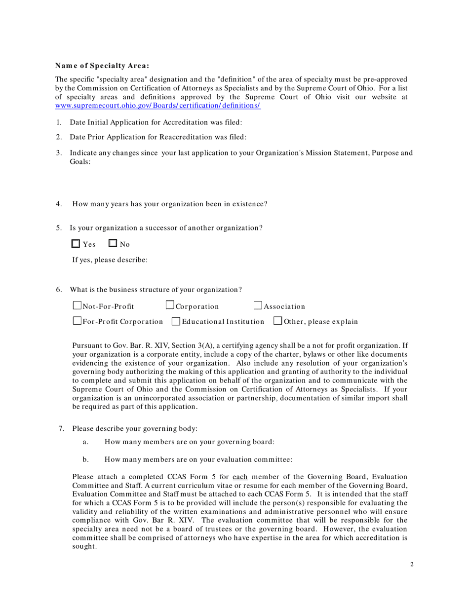 Application for Reaccreditation as a Certifying Agency for Attorneys as Specialists in Ohio - Ohio, Page 2