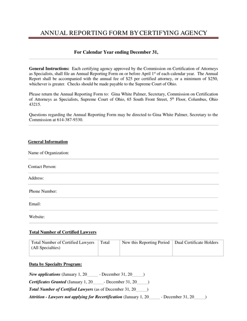 Annual Reporting Form by Certifying Agency - Ohio Download Pdf