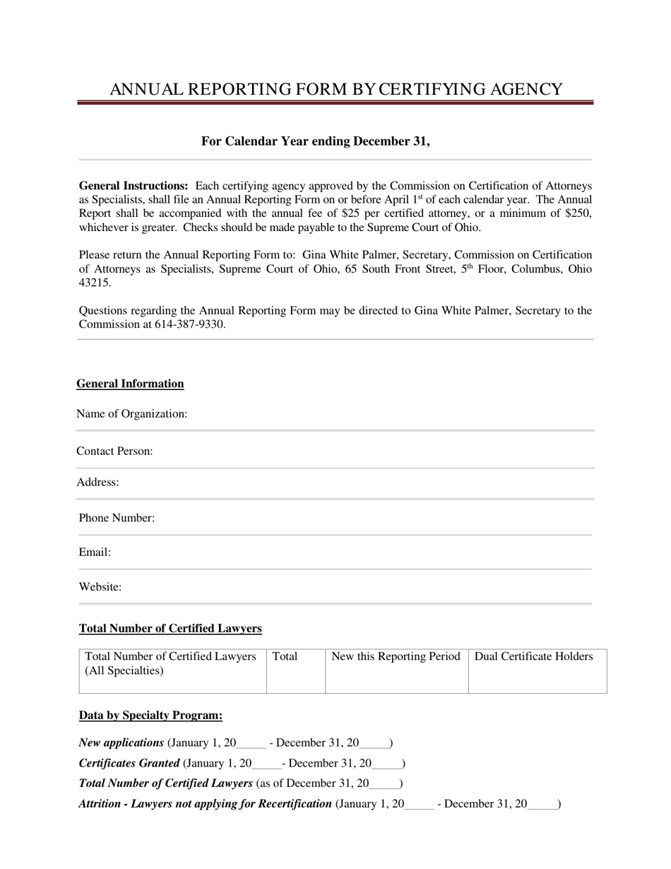 Annual Reporting Form by Certifying Agency - Ohio, Page 1