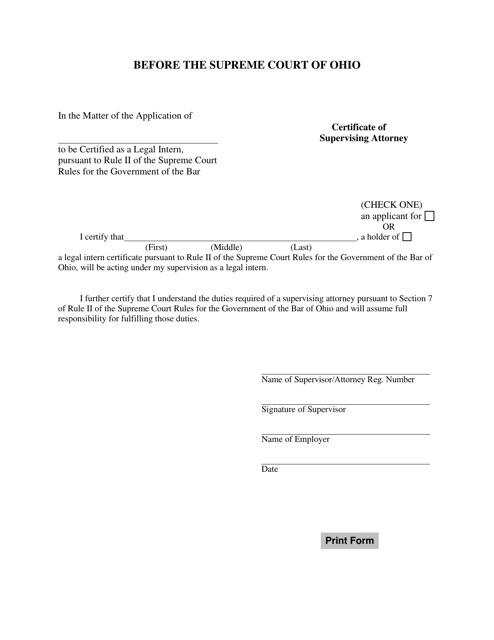 Certificate of Supervising Attorney - Ohio Download Pdf