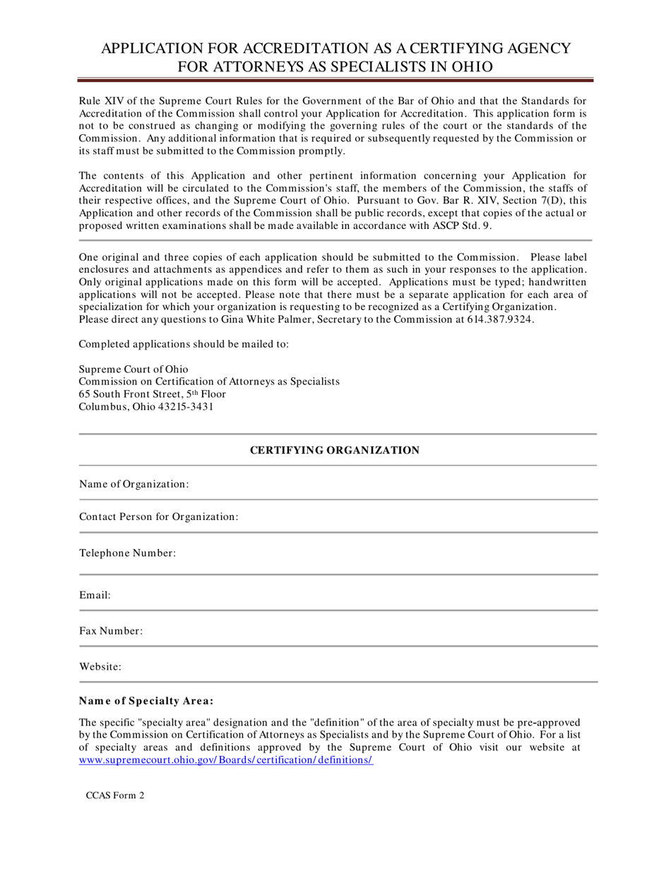 CCAS Form 2 Application for Accreditation as a Certifying Agency for Attorneys as Specialists in Ohio - Ohio, Page 1