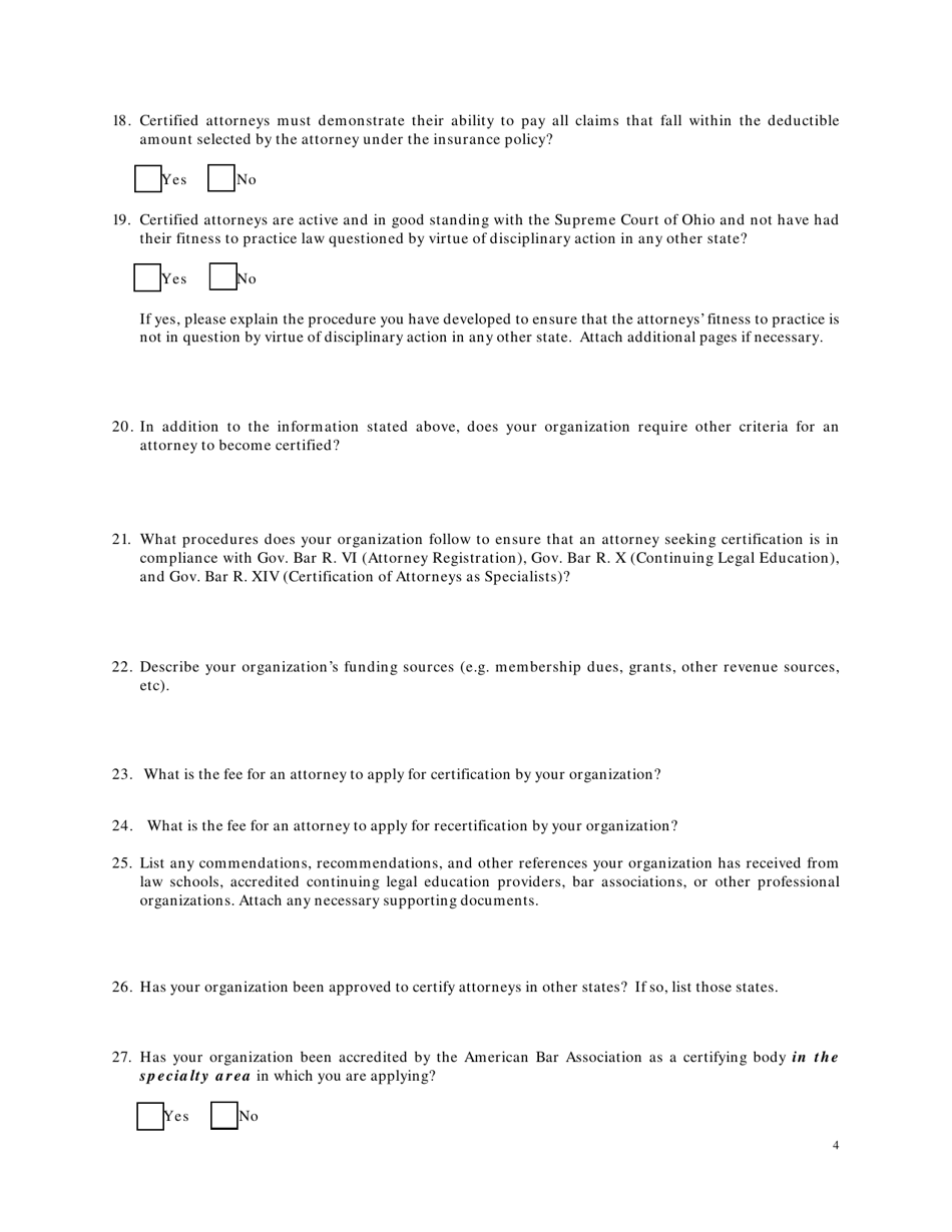 CCAS Form 2 Application for Accreditation as a Certifying Agency for Attorneys as Specialists in Ohio - Ohio, Page 4
