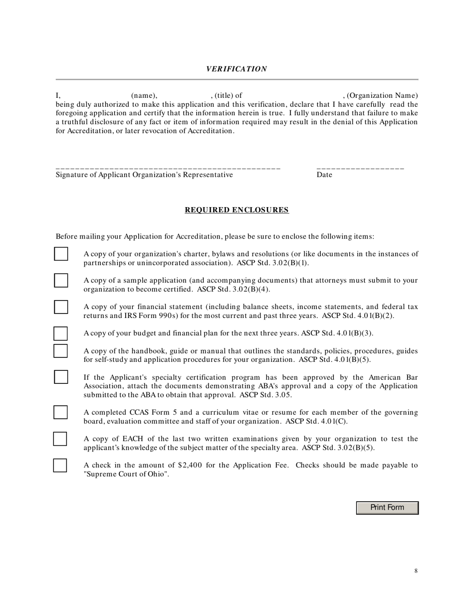 CCAS Form 2 Application for Accreditation as a Certifying Agency for Attorneys as Specialists in Ohio - Ohio, Page 8