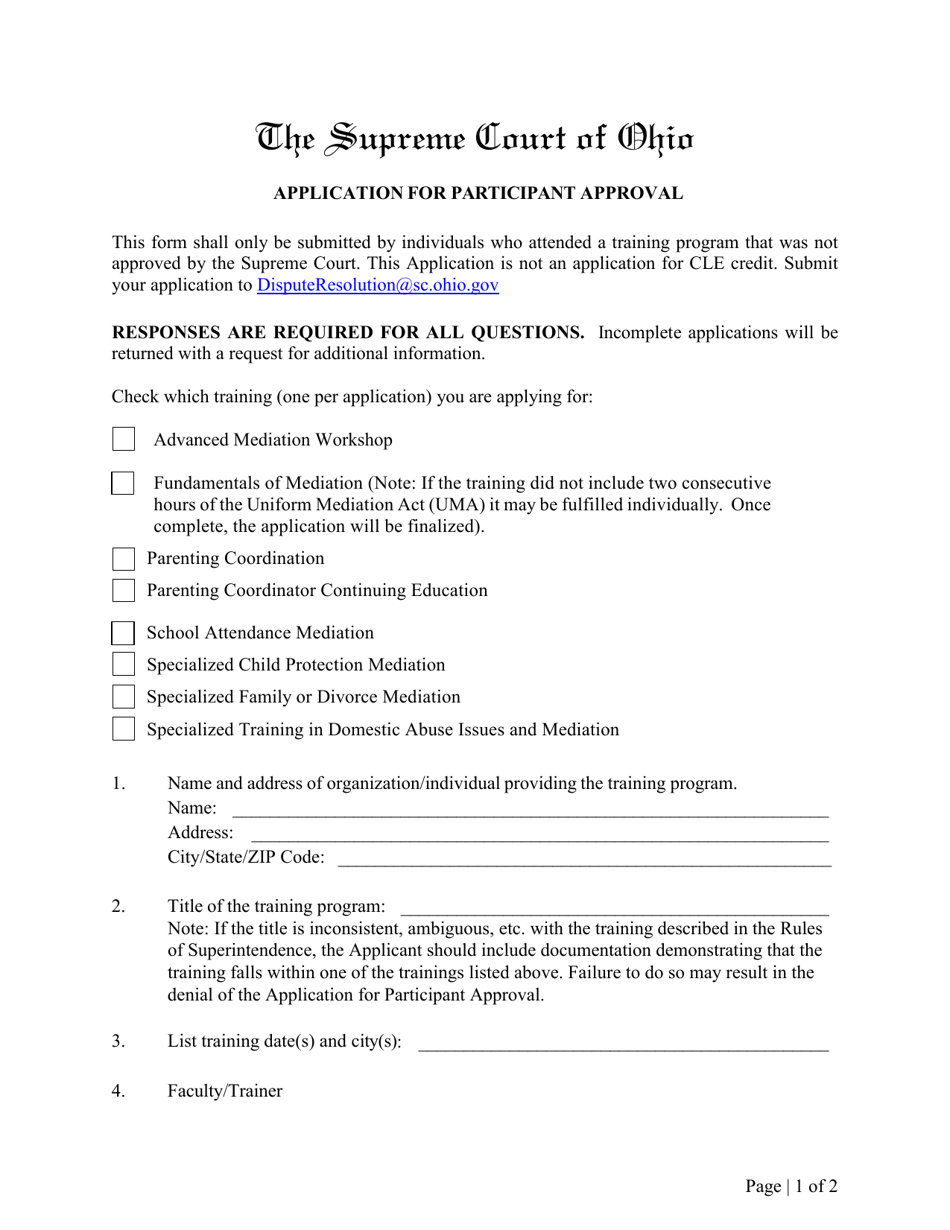 Application for Participant Approval - Ohio, Page 1