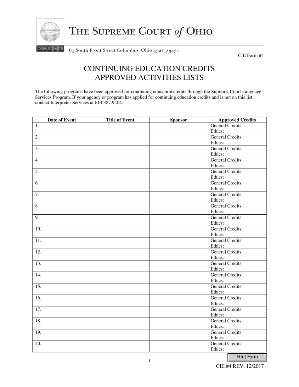 CIE Form 4 Continuing Education Credits Approved Activities Lists - Ohio, Page 1