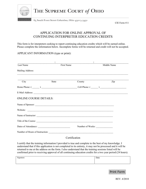 CIE Form 11 Application for Online Approval of Continuing Interpreter Education Credits - Ohio