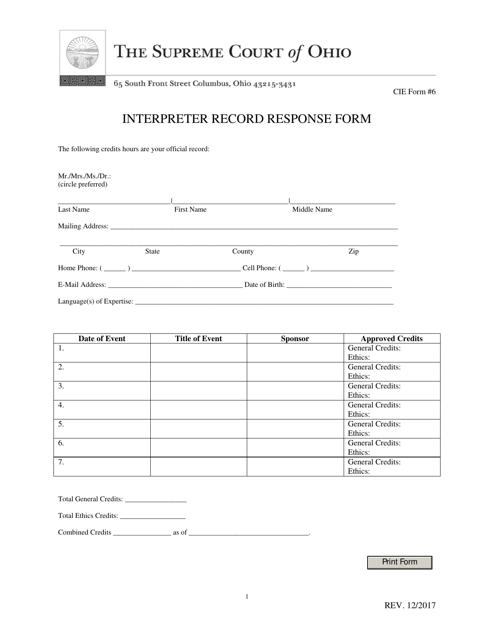 CIE Form 6 Interpreter Record Response Form - Ohio