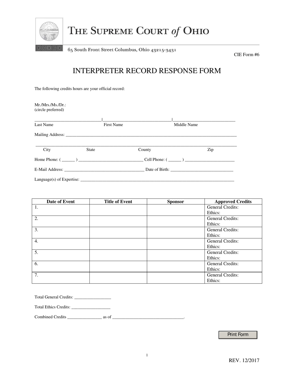 CIE Form 6 Interpreter Record Response Form - Ohio, Page 1