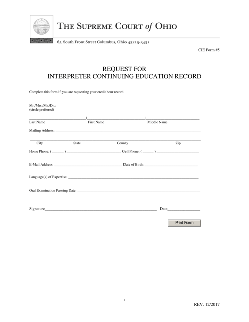 CIE Form 5 Request for Interpreter Continuing Education Record - Ohio