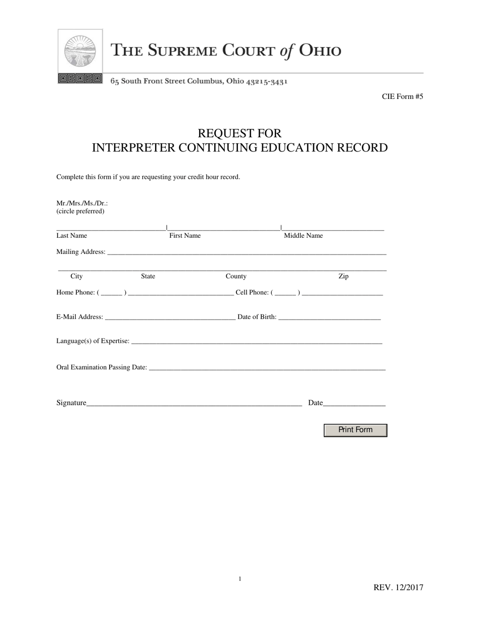 CIE Form 5 Request for Interpreter Continuing Education Record - Ohio, Page 1