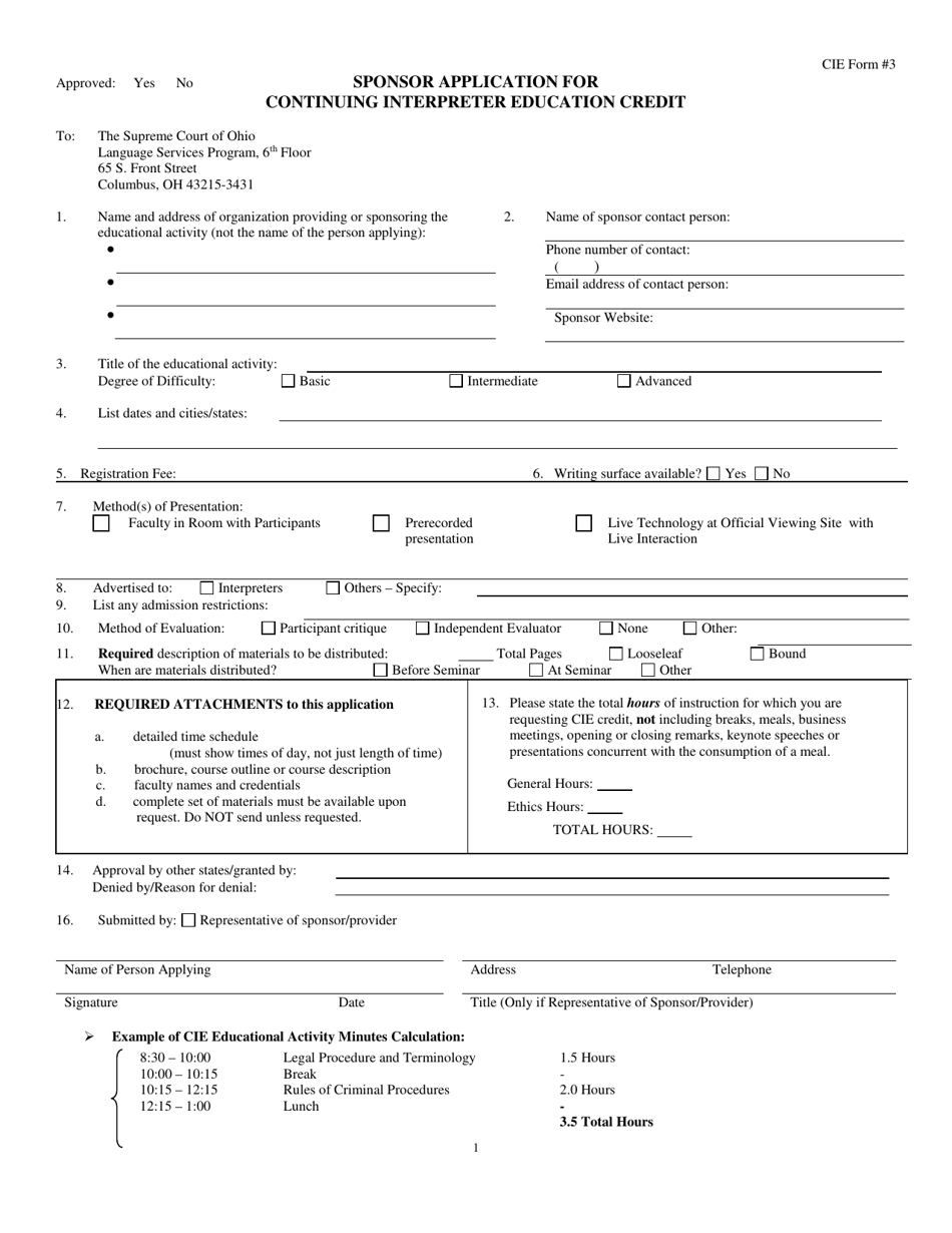 CIE Form 3 Sponsor Application for Continuing Interpreter Education Credit - Ohio, Page 1