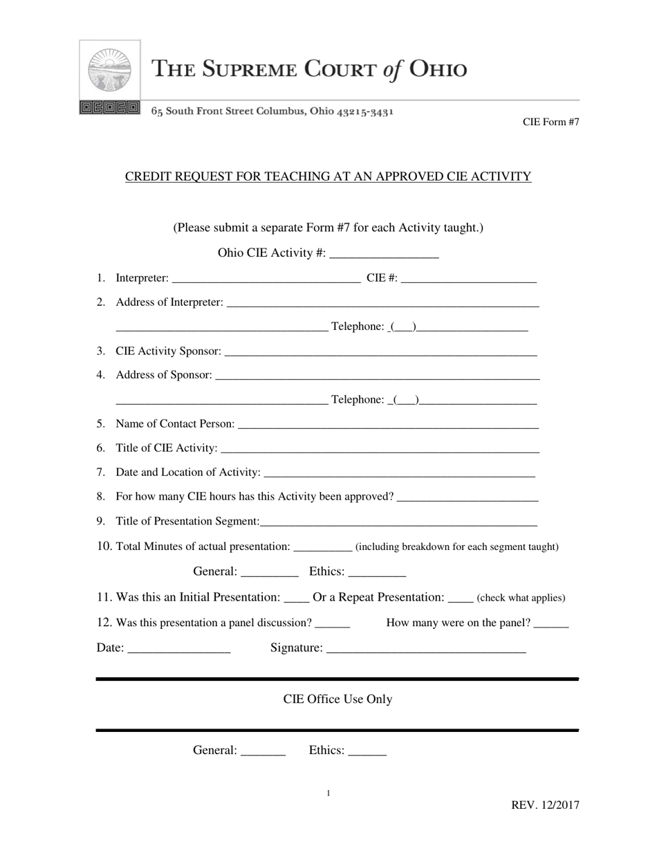 CIE Form 7 Credit Request for Teaching at an Approved Cie Activity - Ohio, Page 1