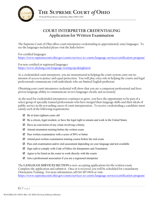 Form SCO-CSD-LAN1323.0 Application for Written Examination for Court Interpreter Credentialing - Ohio