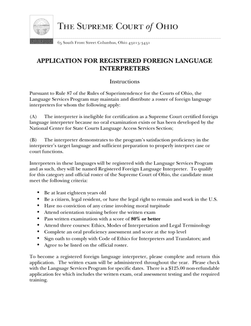 Application for Registered Foreign Language Interpreters - Ohio Download Pdf