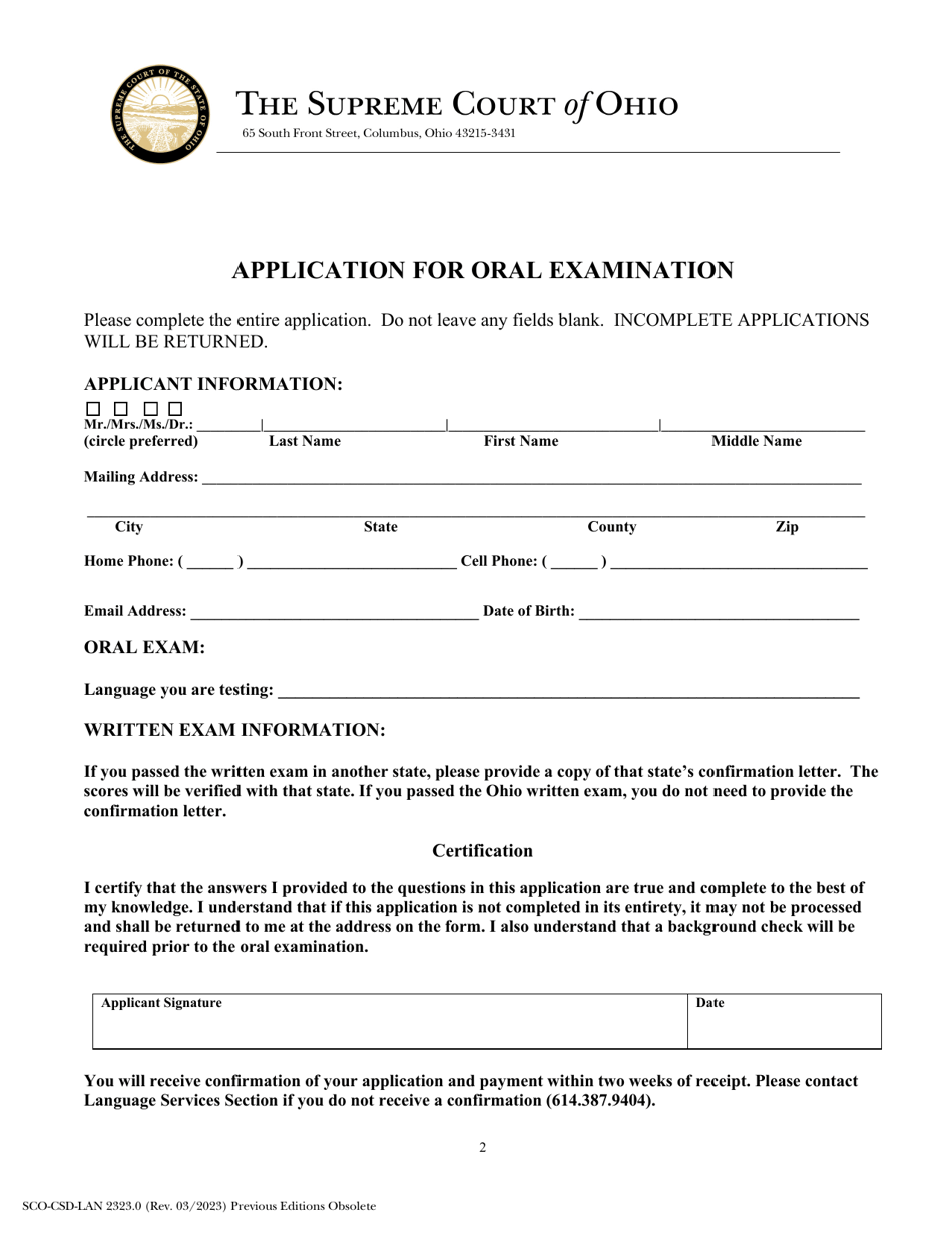 Form SCO-CSD-LAN2323.0 Application for Oral Examination - Ohio, Page 2