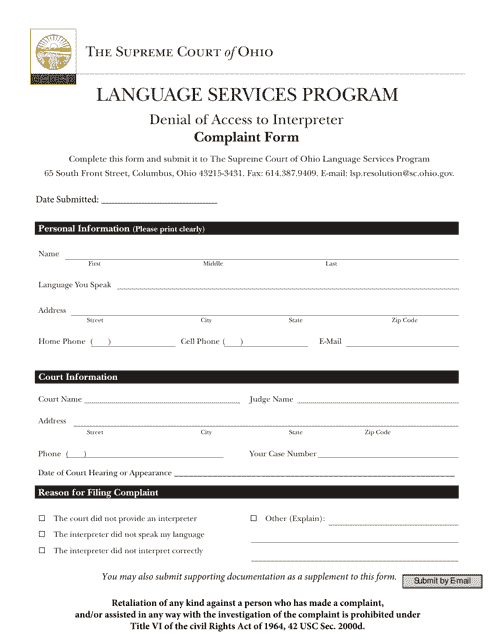 Denial of Access to Interpreter Complaint Form - Language Services Program - Ohio Download Pdf