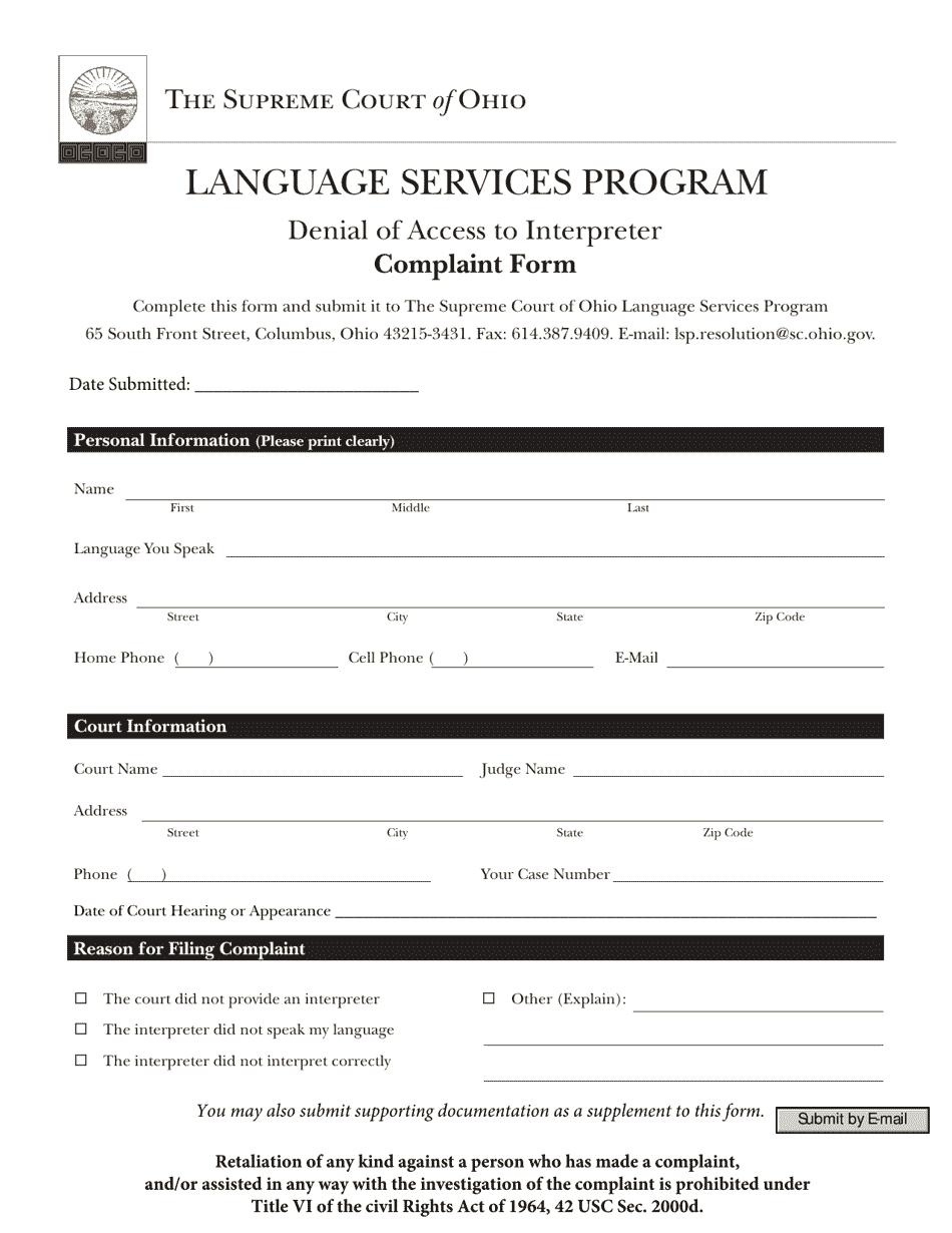 Denial of Access to Interpreter Complaint Form - Language Services Program - Ohio, Page 1