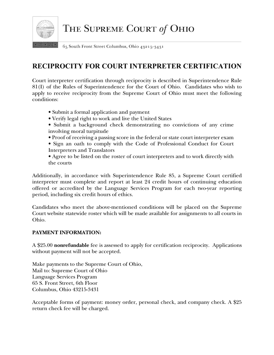 Reciprocity for Court Interpreter Certification - Ohio, Page 1