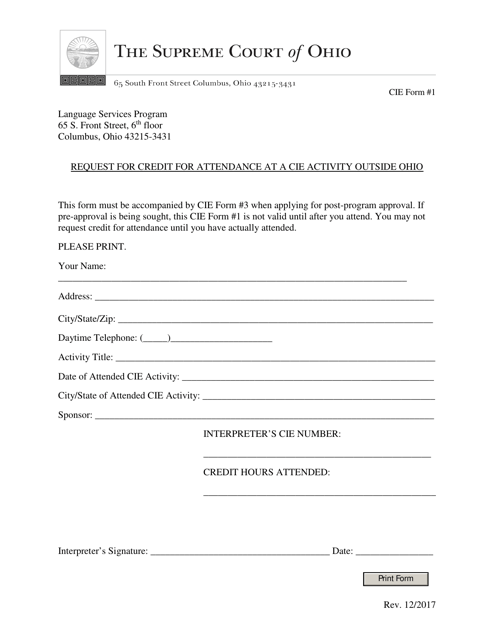 CIE Form 1 Request for Credit for Attendance at a Cie Activity Outside Ohio - Ohio
